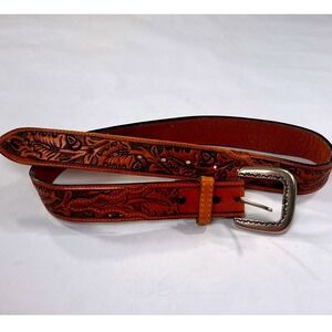 Tony Lama Hand Tooled Leather Belt Mens 32 Brown Western Style Silver Buckle